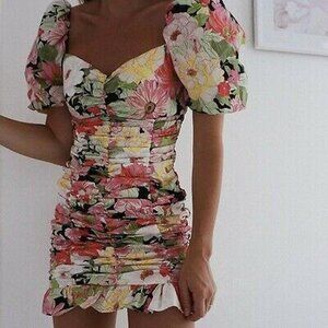Zara - Floral Print Ruched Puff Sleeve Mini Dress